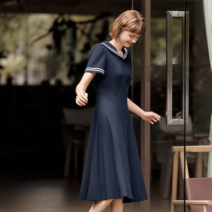 Dress Navy Collar With a Collegiate and Artistic Style Summer New White Moonlight Waist-cinched Long Dress