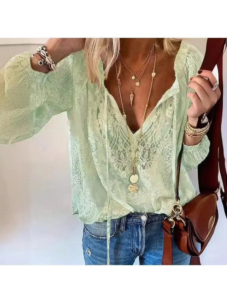 Button Lace-up Long Sleeve Blouse