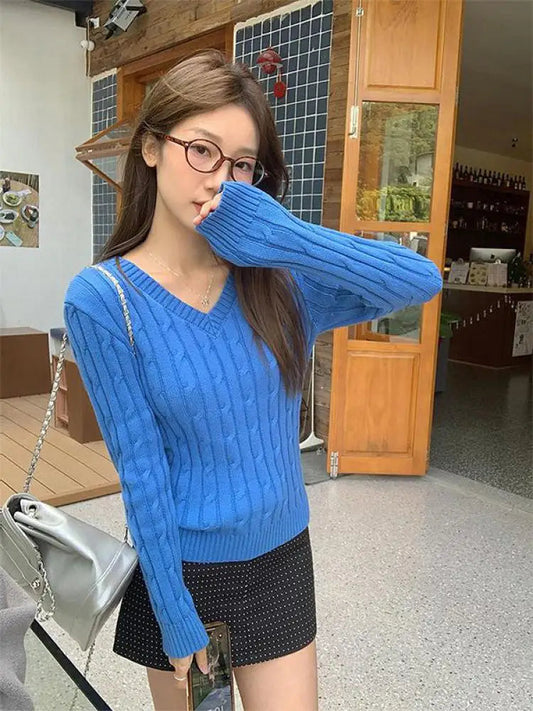 Autumn Winter New Blue Short Knitted Pullover Twists Sweater Korean V Neck Long Sleeved Versatile Crochet Tops