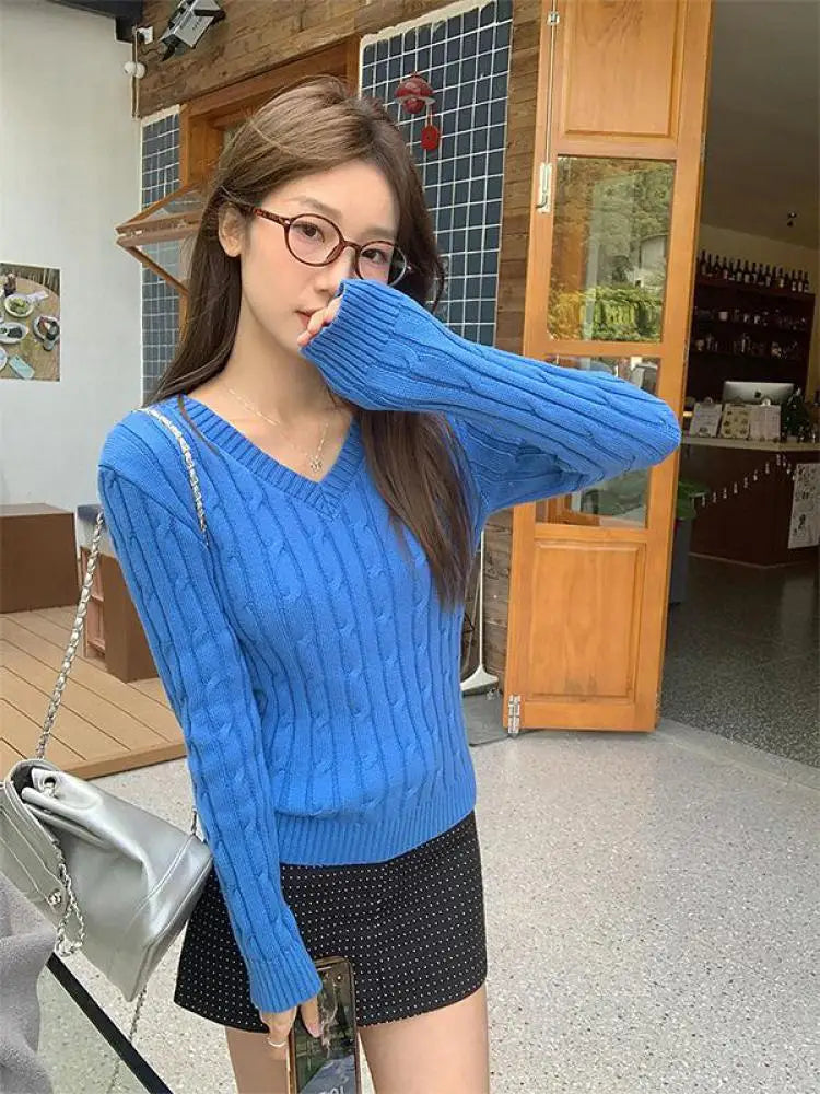 Autumn Winter New Blue Short Knitted Pullover Twists Sweater Korean V Neck Long Sleeved Versatile Crochet Tops
