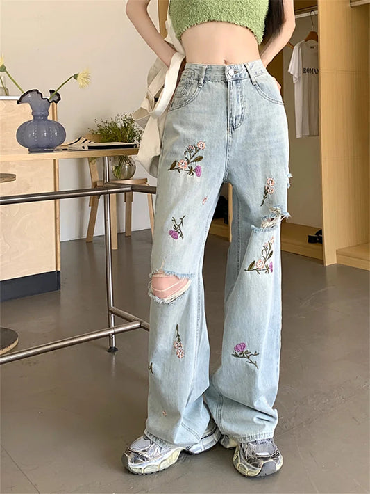 Embroidery Flowers Jeans Autumn Ol Hole Loose Slim New Straight Denim Pants