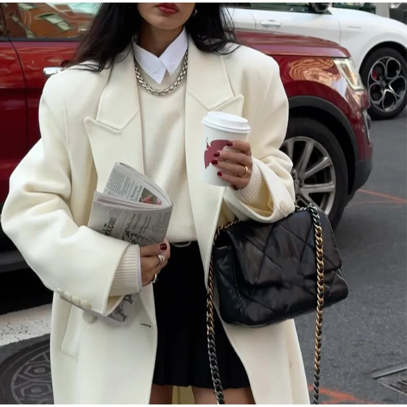 White Double Breasted Loose Woolen Coat Oversized Long Sleeve Overcoat Fall Winter New Outerwear