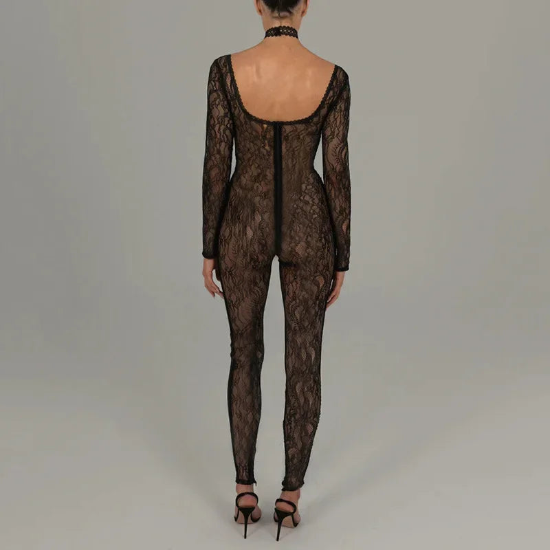 Sheer Lace Hollow Out Jumpsuits Zip Up Backless Outfits Unitards Square Neck Romper Overalls One Piece