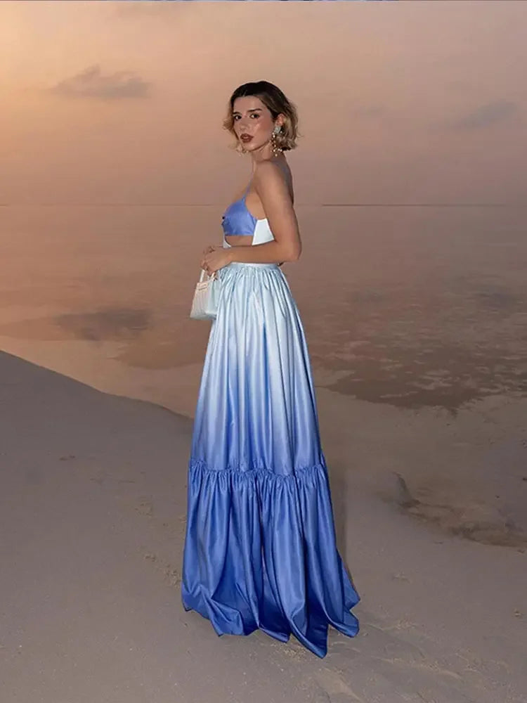 Pleated Hollow Out Long Dress for Patchwork Sleeveless Backless Dresses Vacation Lady Evening Party Robe