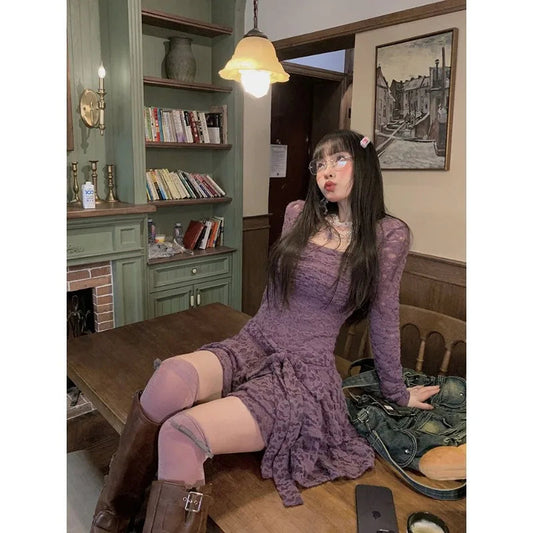 Harajuku Gothic Black Lace Dress Y2k Purple Mini Dress Bodycon Party Dresses Korean Aesthetic