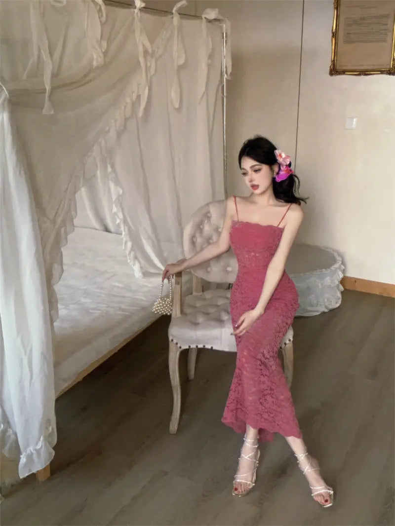 Rose Red Hollow Lace Suspender Dress for in Summer Waisthugging Skirt