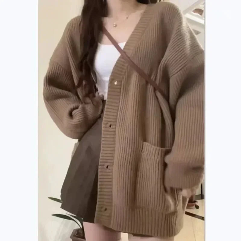 Autumn Winter Cardigan Sweater Coats Female Long Sleeve V-neck Loose Knitted Jackets Sweater Cardigans