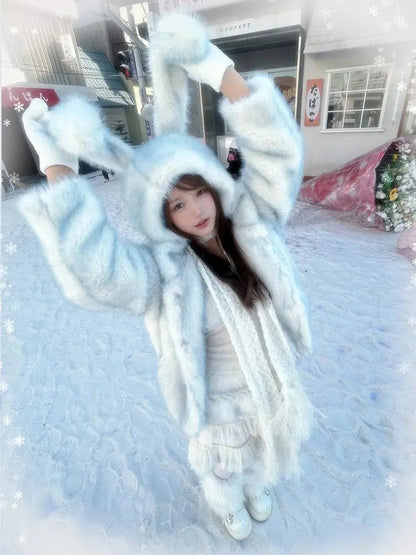 Sweet Girl Gradual Color Faux Fur Coat Winter Hooded Rabbit Ear Loose Fit Longsleeved Jacket Female Clothes