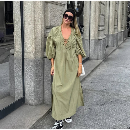 Street Lace Up Long Dresses New Loose V-neck Side Slit Dress Female Summer Versatiel Street Party Robes