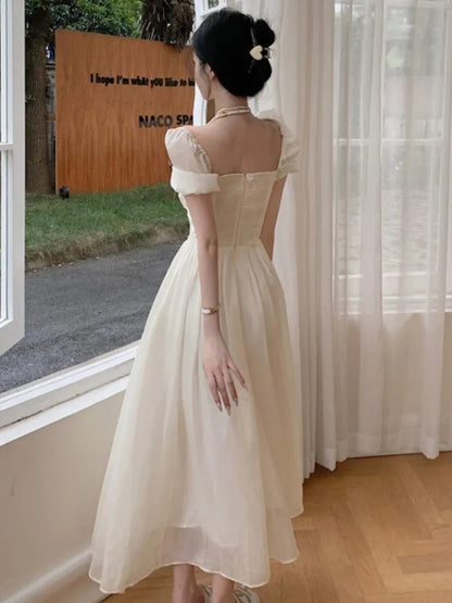 Summer Halter Midi Dress Female Chiffon Square Neck Party One Pieces Dresses French New Vestidos Robe