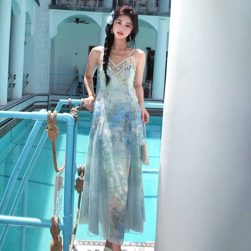 Blue Sfumato Print Dress ’s Commuting Splicing Evening Suspender Long Dresses Mesh Splicing Summer New Style