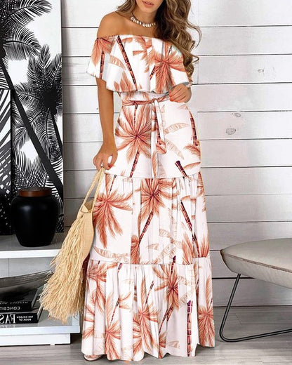 Print Off Shoulder Long Dresses Summer Ruffles One-piece Collar Leace-up Maxi Dress Female Commuting Vestidos New