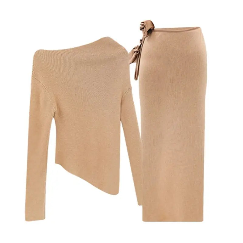 Sweater Skirt Sets Retro Skew Collar Irregular Pull Femme+3d Bandage Slim Bodycon Skirts