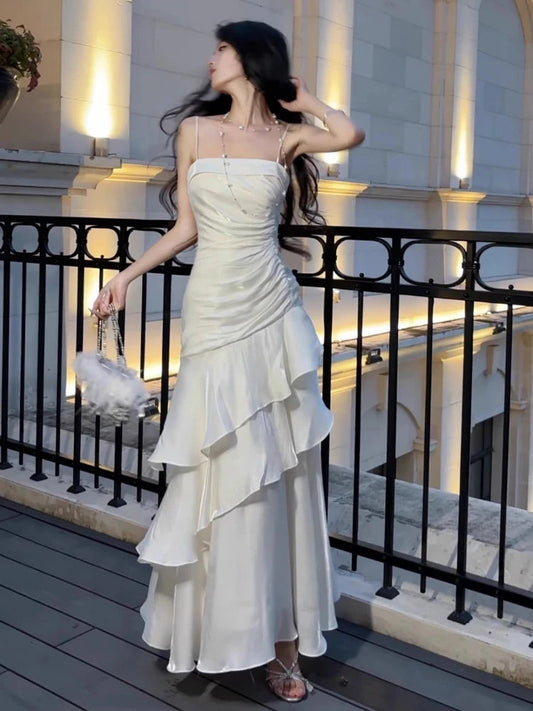 Spring Summer French Spaghetti Strap Long Dresses Female Slim Party Prom Robe One Piece Clothing