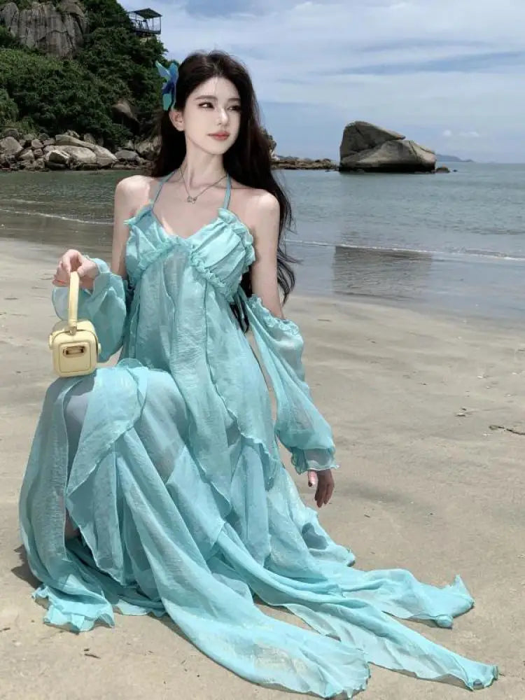 Sky Blue Backless Halter Laceup Long Dresses Spring Summer Off Shoulder Club Ruffles Vacation Pleated Sundress