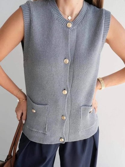 Pocket Cardigan Vest O Neck Single Breasted Sleeveless Knit Waistcoat New Simple Sweater Jacket