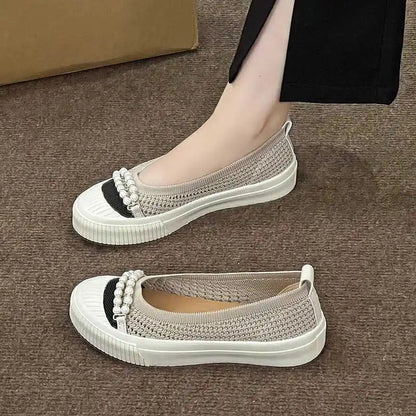 Shallow Mouth Round Head Single Shoes Spring Autumn New Woven Pearl Bow Thick Soled Low Comfort Loafer Shoe