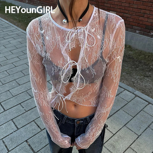 Transparent Lace Thin Coat Long Sleeve Lace-up O Neck Smock Top High Street Cardigan Shirts
