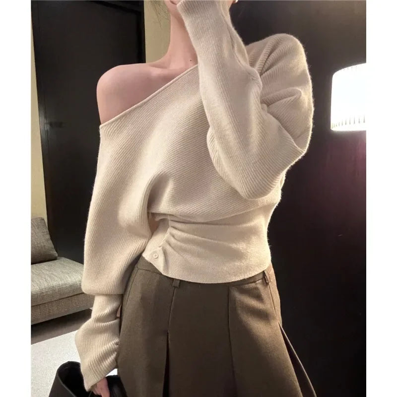 Strapless Color Longsleeved Sweater Autumn New Slant Collar Loose Button Pleated Knitted Tops