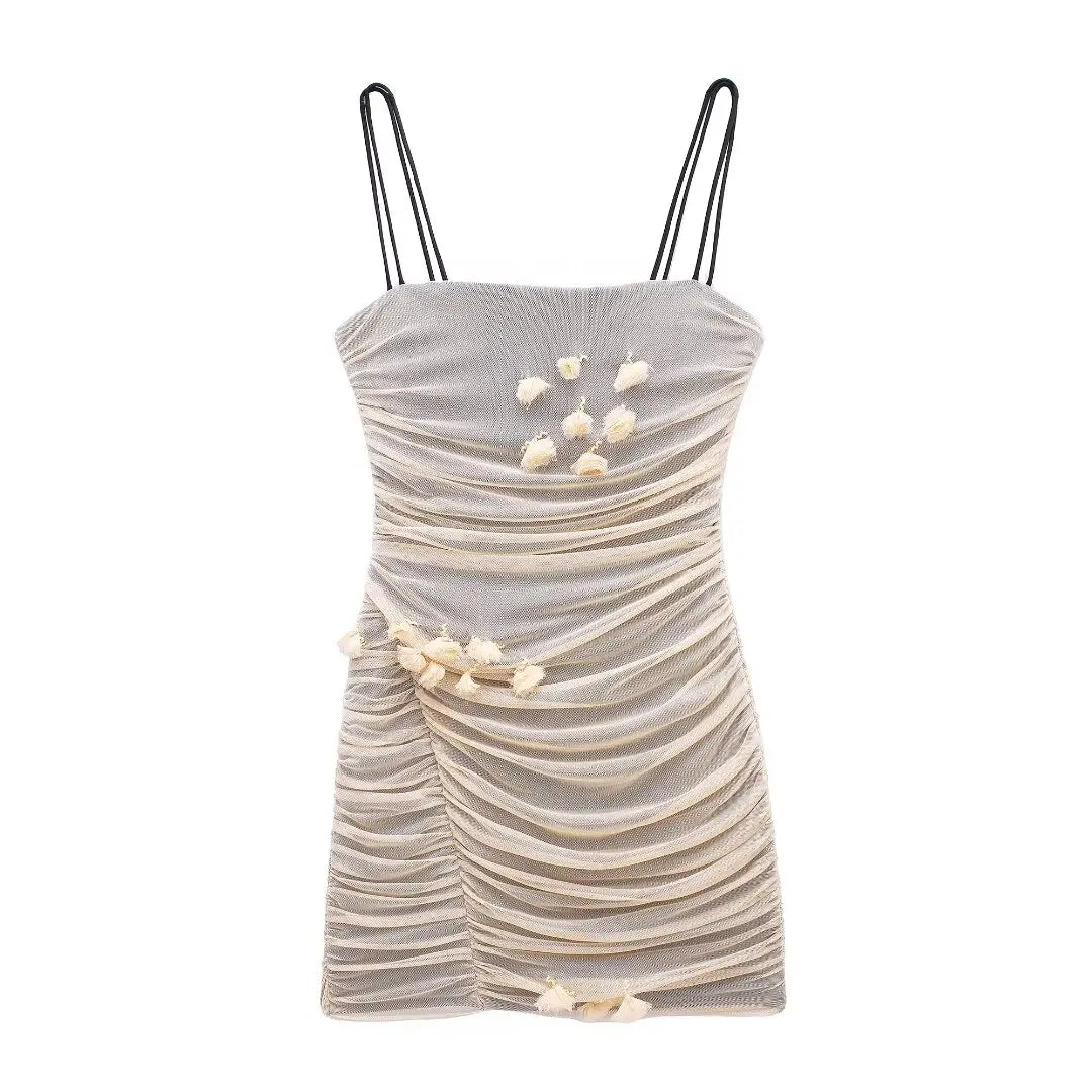 Summer Female Slip Mini Dress Mesh Ruched Sleeveless Dresses Female Backless Slim Dress
