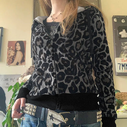 Leopard Print Velvet Hoodie Grunge Loose Zipup Hooded Sweatshirts Y2k Contrast Patchwork Cardigan Retro Thin Coat New
