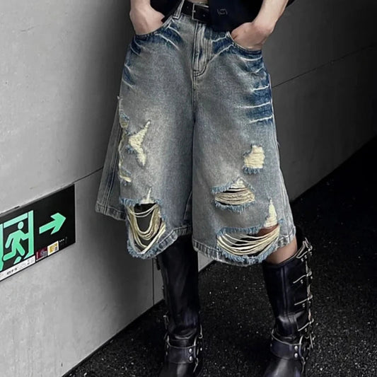 Y2k Denim Shorts American High Waist Baggy Wide Leg Denim Shorts New Hole Straight Knee Length Pants