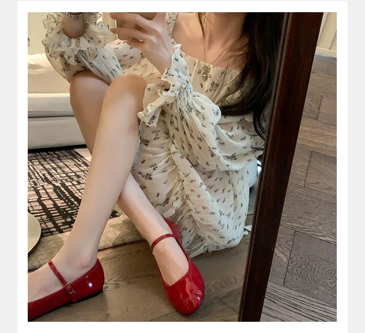 Shiny Pu Leaather Flats Mary Janes Shoes Red Basic Pointed Toe Loafers Spring Autumn Daily Black Shoes New