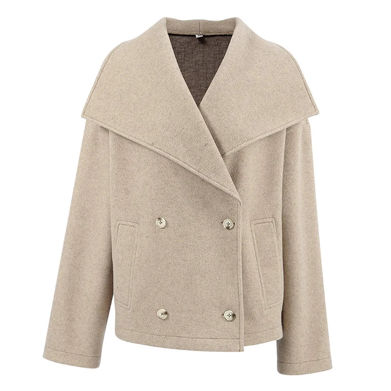 Tavimart - Large Lapel Collar Short Coats Retro Double-breasted Pocket Coat Female Autumn Loose Street Outwear