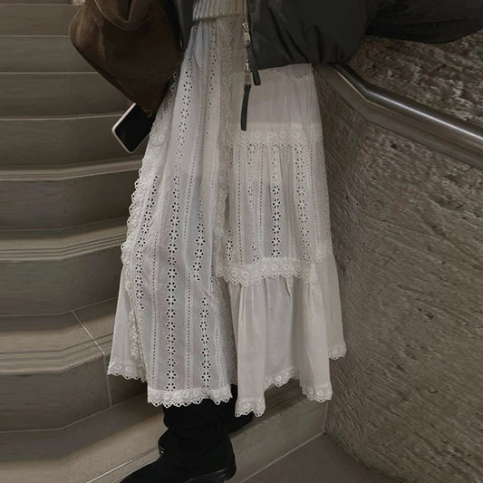 Korean Retro Lace Splicing Loose Midlength Skirt Spring New High Waist Hollow Color Aline Skirt
