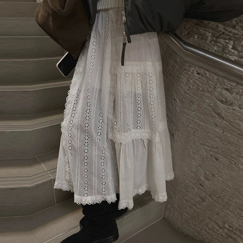 Korean Retro Lace Splicing Loose Midlength Skirt Spring New High Waist Hollow Color Aline Skirt