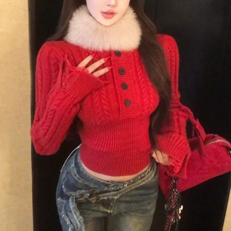 Spring New Korean Lace Splicing Multibutton Color Long Sleeve Sweater + Warm Plush Scarf Twopiece Suit