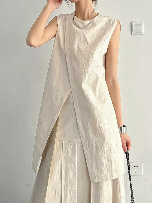 Split White Blouse Sleeveless Lace Up Loose Shirt Office Lady Summer Design Tops Mujer New