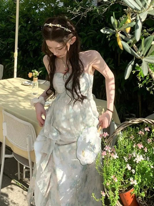 Sleeveless Midi Dresses for Beach Style Chiffon Hanging Neck Strap Holiday Sundress One Piece Vestidos