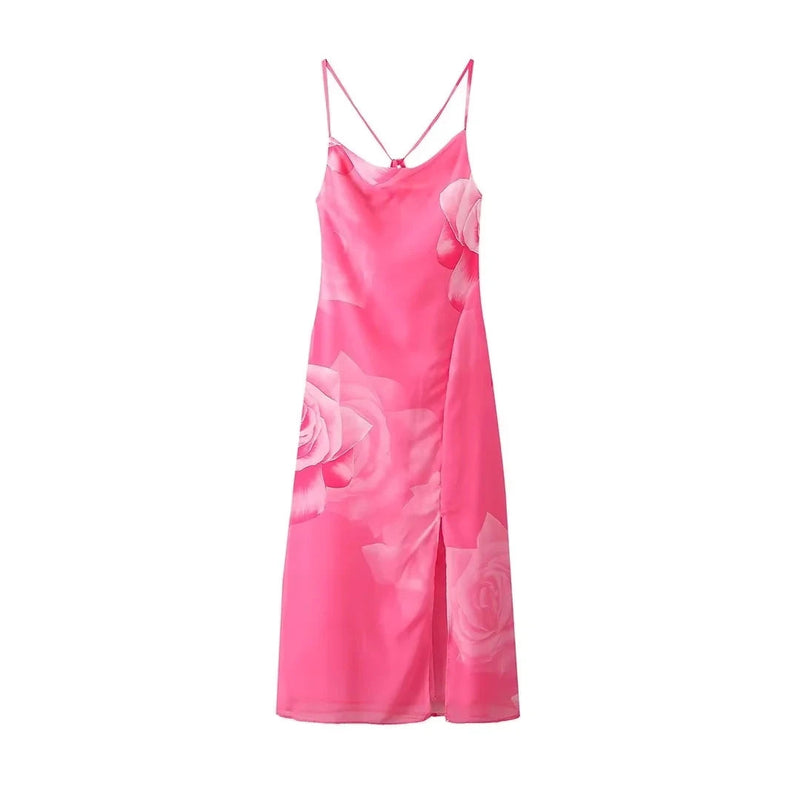 Summer Slip Maxi Dress Printed Slim Party Long Dresses Female Slim Backless High Slit Dress