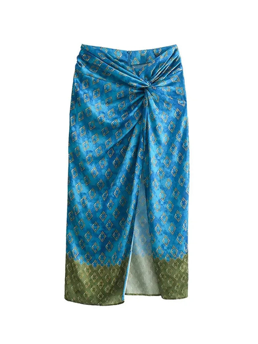 Summer Long Skirt for Woman Printed High Waist Ruched High Slit Dresses Female Slim Fit Midi Skirts