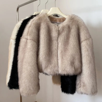 Street Blogger Winter Faux Raccoon Fox Fur Coat Jacket Thick Warm Cropped Fluffy Overcoats