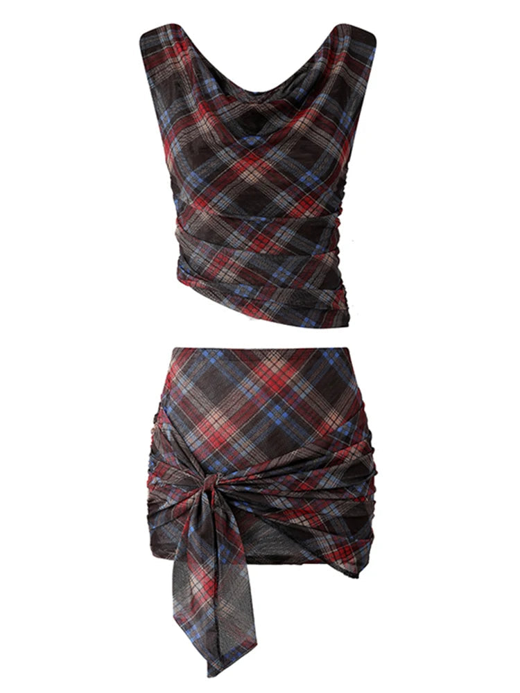Summer Retro Vacation Plaid Gyaru Coquette 2000s Rave Y2k Hot Outfits 2 Piece Set Crop Tops + Ballet Core Micro Skirt