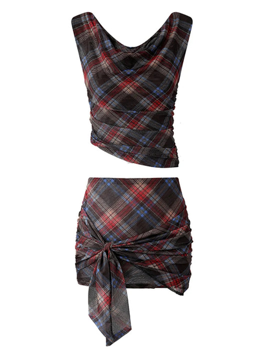 Summer Retro Vacation Plaid Gyaru Coquette 2000s Rave Y2k Hot Outfits 2 Piece Set Crop Tops + Ballet Core Micro Skirt