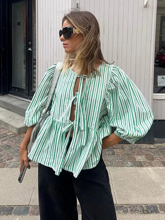 Summer Causal Round Neck Laceup Blouses Puff Long Sleeves Loose Shirt Y2k Female Stripe Tops