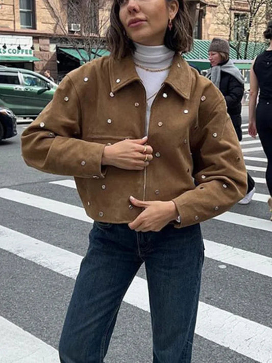 Metal Buckle Short Jacket Lapel Long Sleeves Zipper Cropped Coat Autumn New Female High Street Outwear