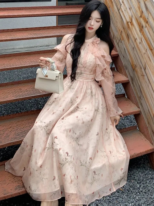 French Printed Midi Dress Autumn Off Shoulder Oneck Long Sleeve Slim Clothing Evening Party Mujer