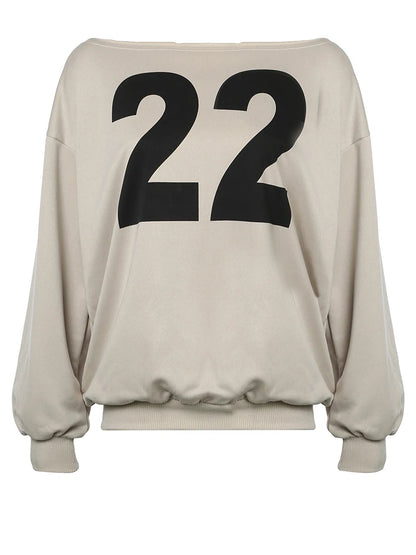 Figure Print Loose Sweatshirts Autumn Winter New Off Shoulder Slash Neck Pullovers