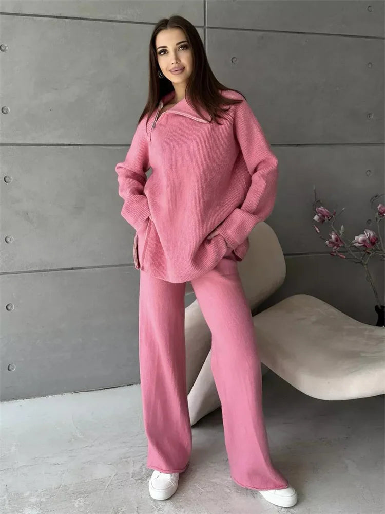 Knit Zipper ’s Pants Sets for Slim Lapel Long Sleeve Pullover and Patchwork Straight Legg 2 Piece-set Winter