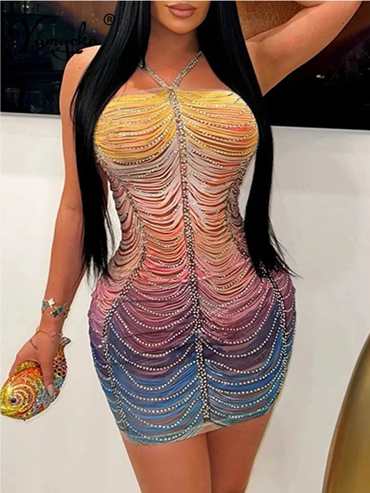 Rhinestone Backless Bodycon Mini Dress