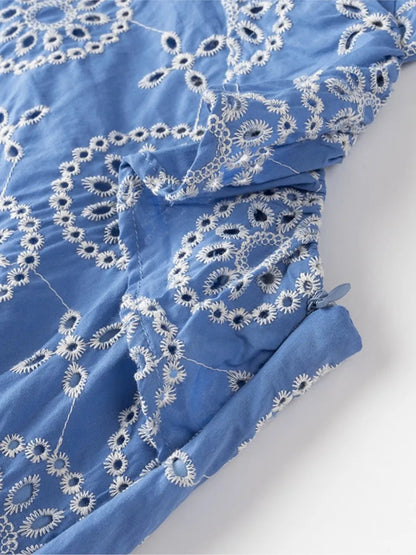 Blue Hollow Out Embroidered Midi Dress Summer New V Neck Sleeveless Ruffle Long Dresses Holiday Vestidos