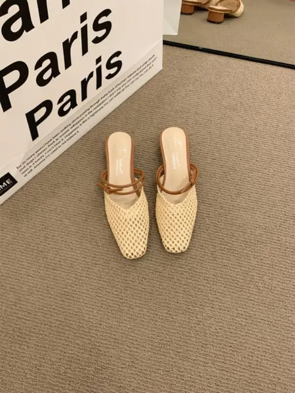 Shoes Slippers Soft Slides Slipers Cover Toe Low Loafers Fretwork Heels Comfort Flat Basic Fabric Rubber Cane Pu