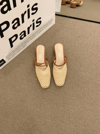 Shoes Slippers Soft Slides Slipers Cover Toe Low Loafers Fretwork Heels Comfort Flat Basic Fabric Rubber Cane Pu