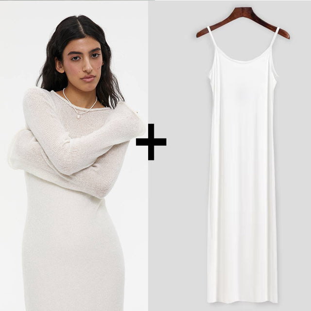 Spring Autumn O-neck Elastic Knit Long Dresses Soft Lady Hollowing Sweater Dresses Femme New