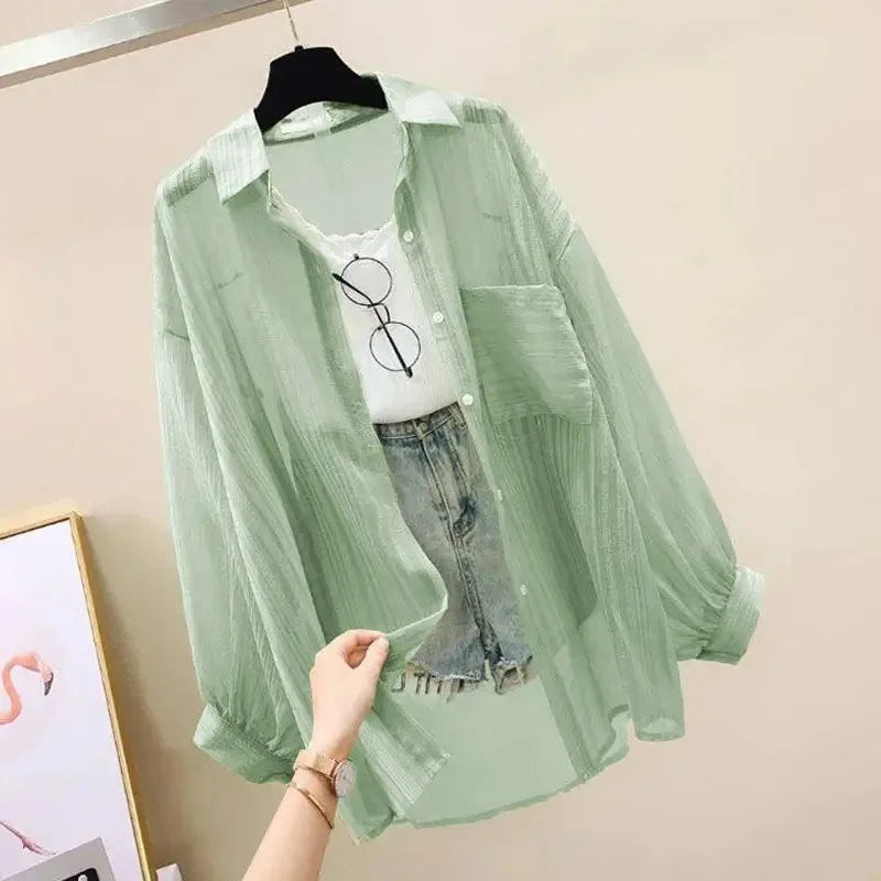 Long Sleeve Perspective Sheer Sunscreen Chiffon Blouse Korean Loose Shirt Summer Beach Cardigans