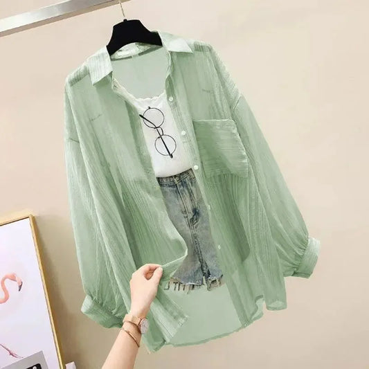 Long Sleeve Perspective Sheer Sunscreen Chiffon Blouse Korean Loose Shirt Summer Beach Cardigans